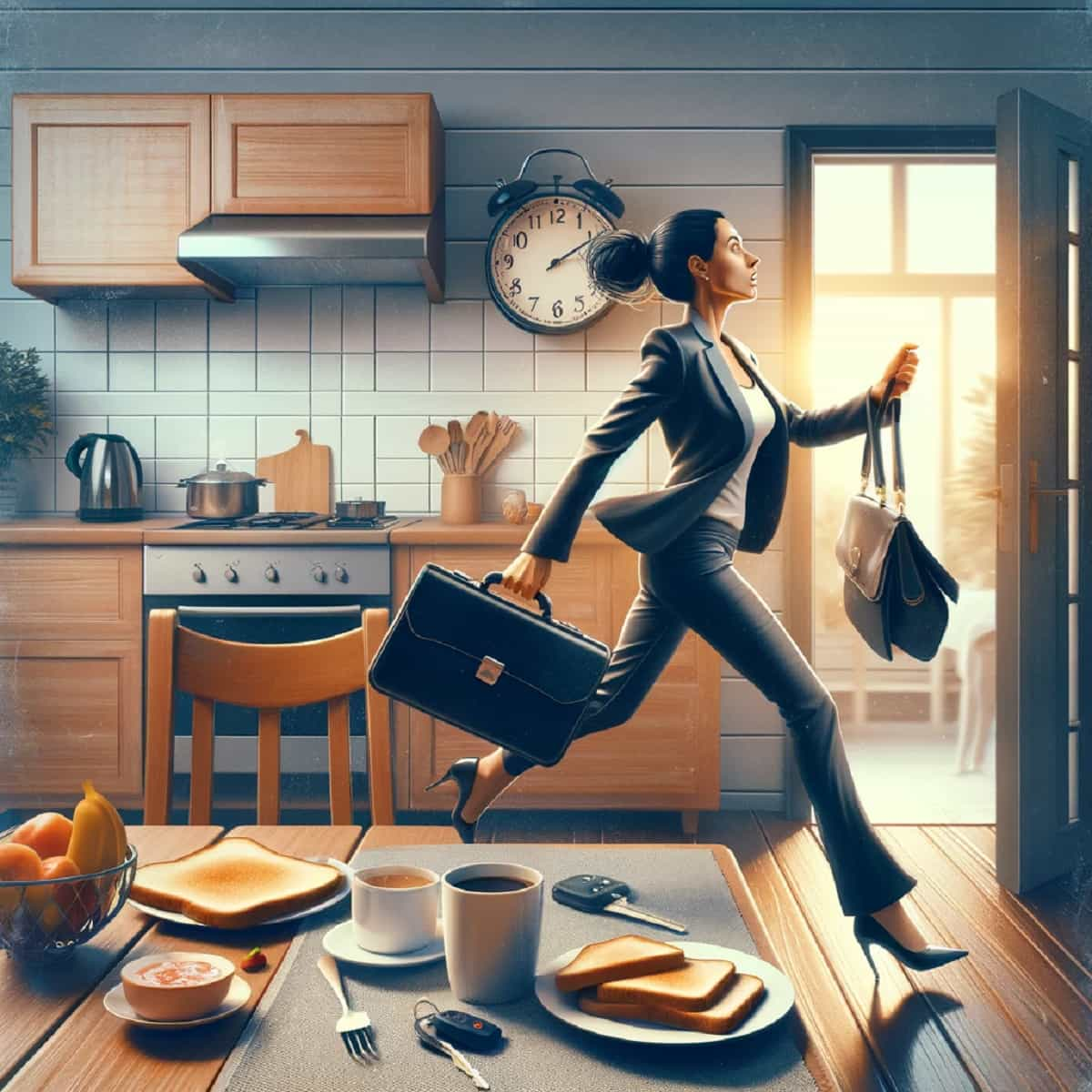 A conceptual image representing the question 'Why do you skip breakfast_'. It shows a busy individual, a woman of Hispanic descent, in a business suit