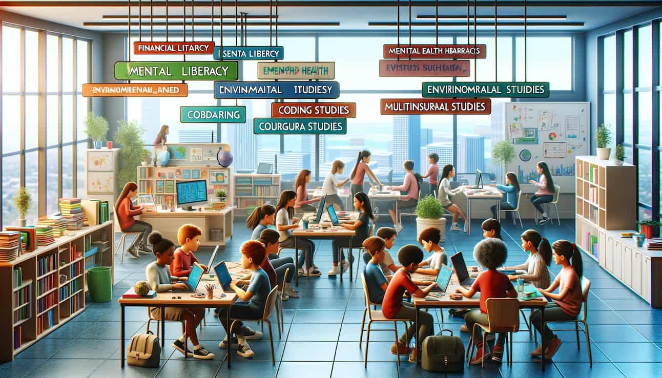 A modern classroom setting depicting a diverse group of students engaged in unique and innovative subjects not typically part of the current curriculu