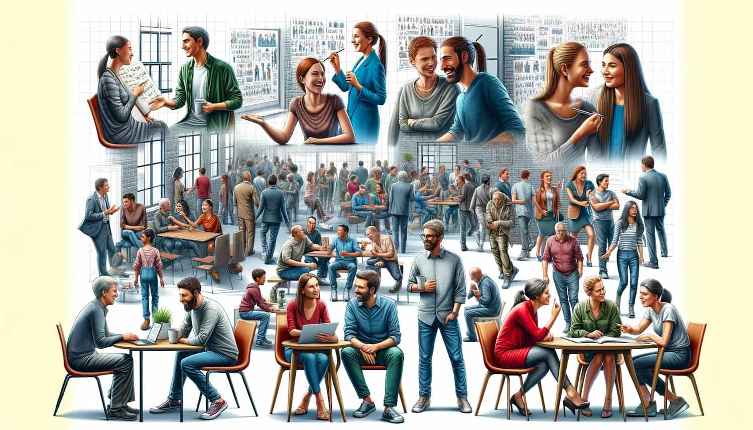 A realistic and detailed illustration showcasing a diverse group of people engaged in various forms of social interaction.