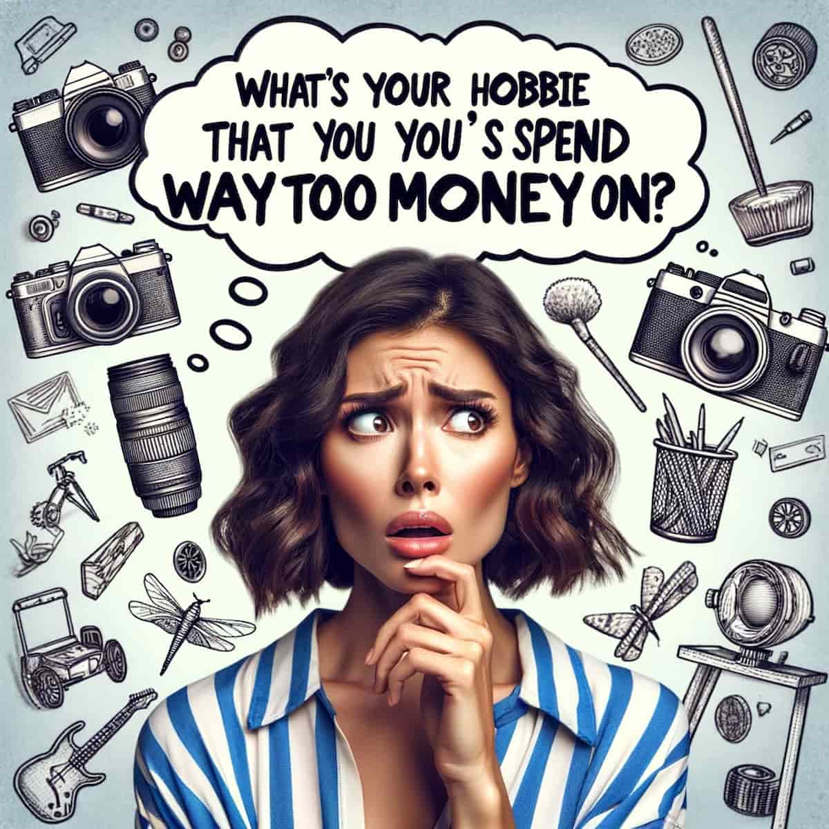 image of a woman looking shocked and thoughtful, pondering the question 'What's your hobby that you spend way too much money on_'. The woman